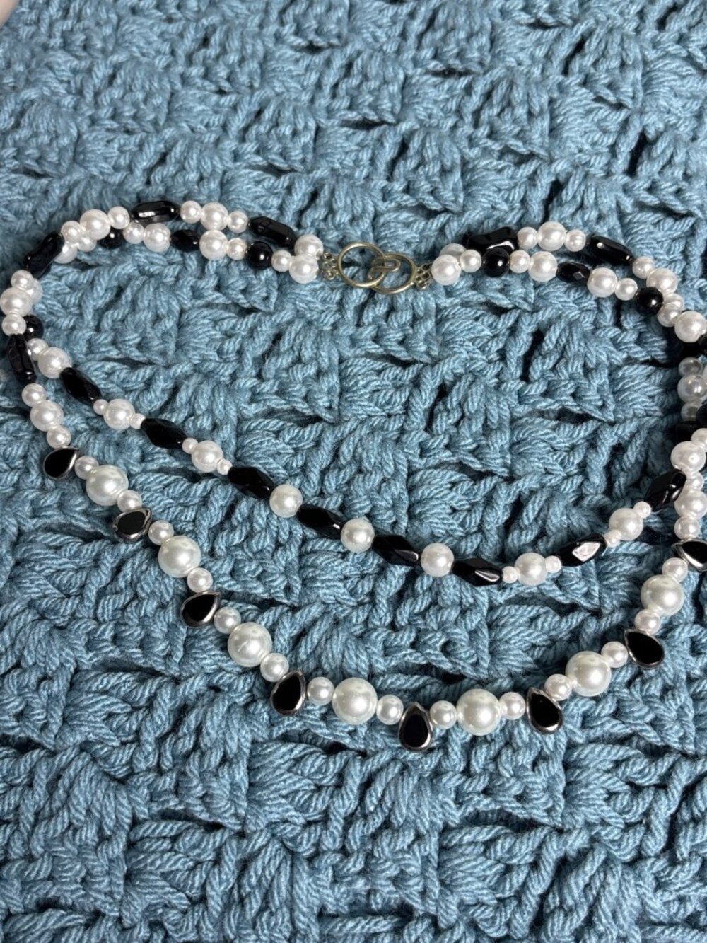 Vtg Artisan 2 Strand Necklace Plastic Faux Pearl Black Glass Beaded Teardrops